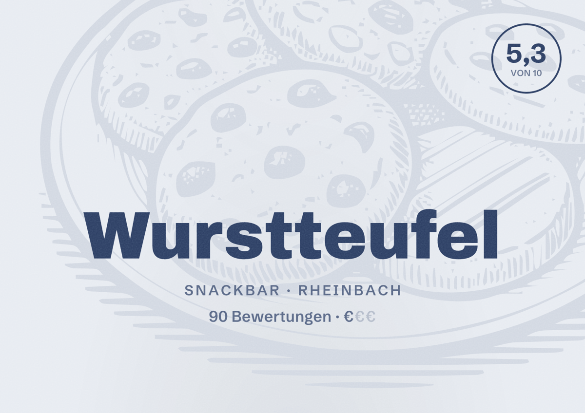 Illustriertes Poster von Wurstteufel, Snackbar in Rheinbach: Bewertung 5,3 von 10 aus 90 Bewertungen, Preisniveau €