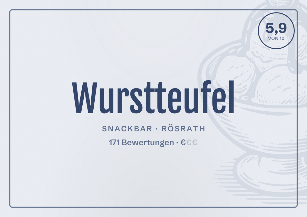 Illustriertes Poster von Wurstteufel, Snackbar in Rösrath: Bewertung 5,9 von 10 aus 171 Bewertungen, Preisniveau €