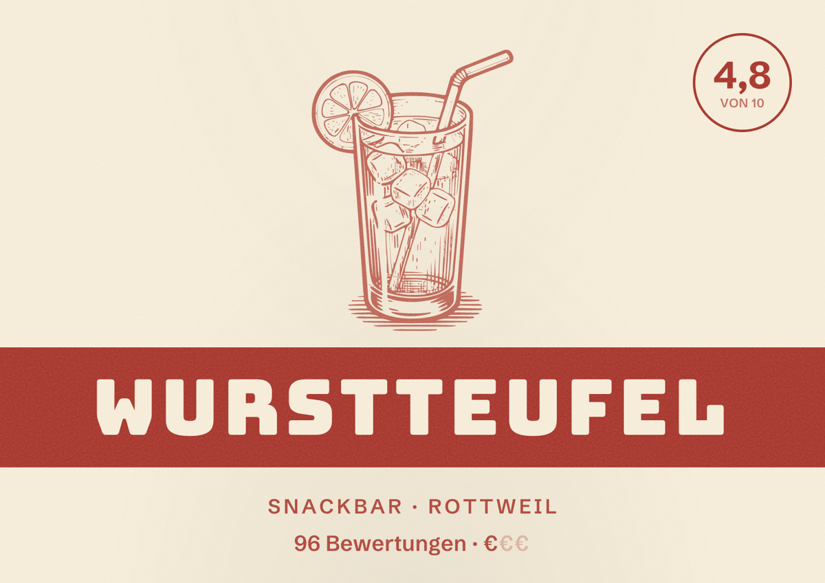 Illustriertes Poster von Wurstteufel, Snackbar in Rottweil: Bewertung 4,8 von 10 aus 96 Bewertungen, Preisniveau €