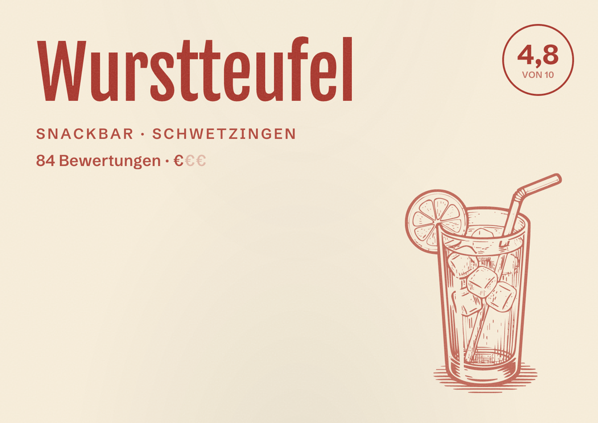 Illustriertes Poster von Wurstteufel, Snackbar in Schwetzingen: Bewertung 4,8 von 10 aus 84 Bewertungen, Preisniveau €
