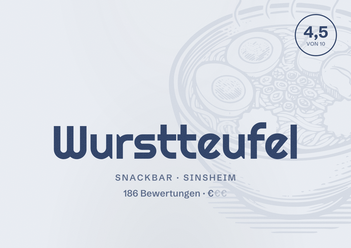 Illustriertes Poster von Wurstteufel, Snackbar in Sinsheim: Bewertung 4,5 von 10 aus 186 Bewertungen, Preisniveau €