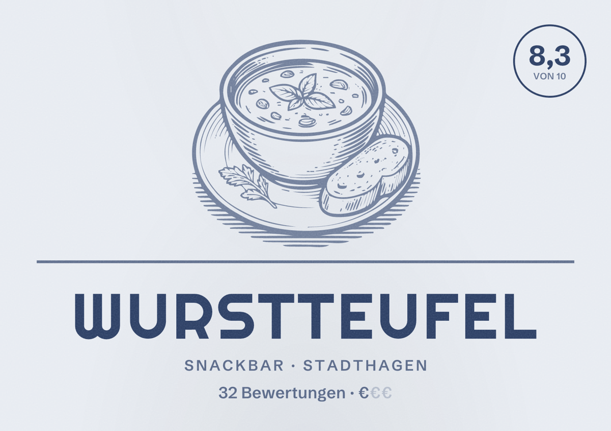 Illustriertes Poster von Wurstteufel, Snackbar in Stadthagen: Bewertung 8,3 von 10 aus 32 Bewertungen, Preisniveau €