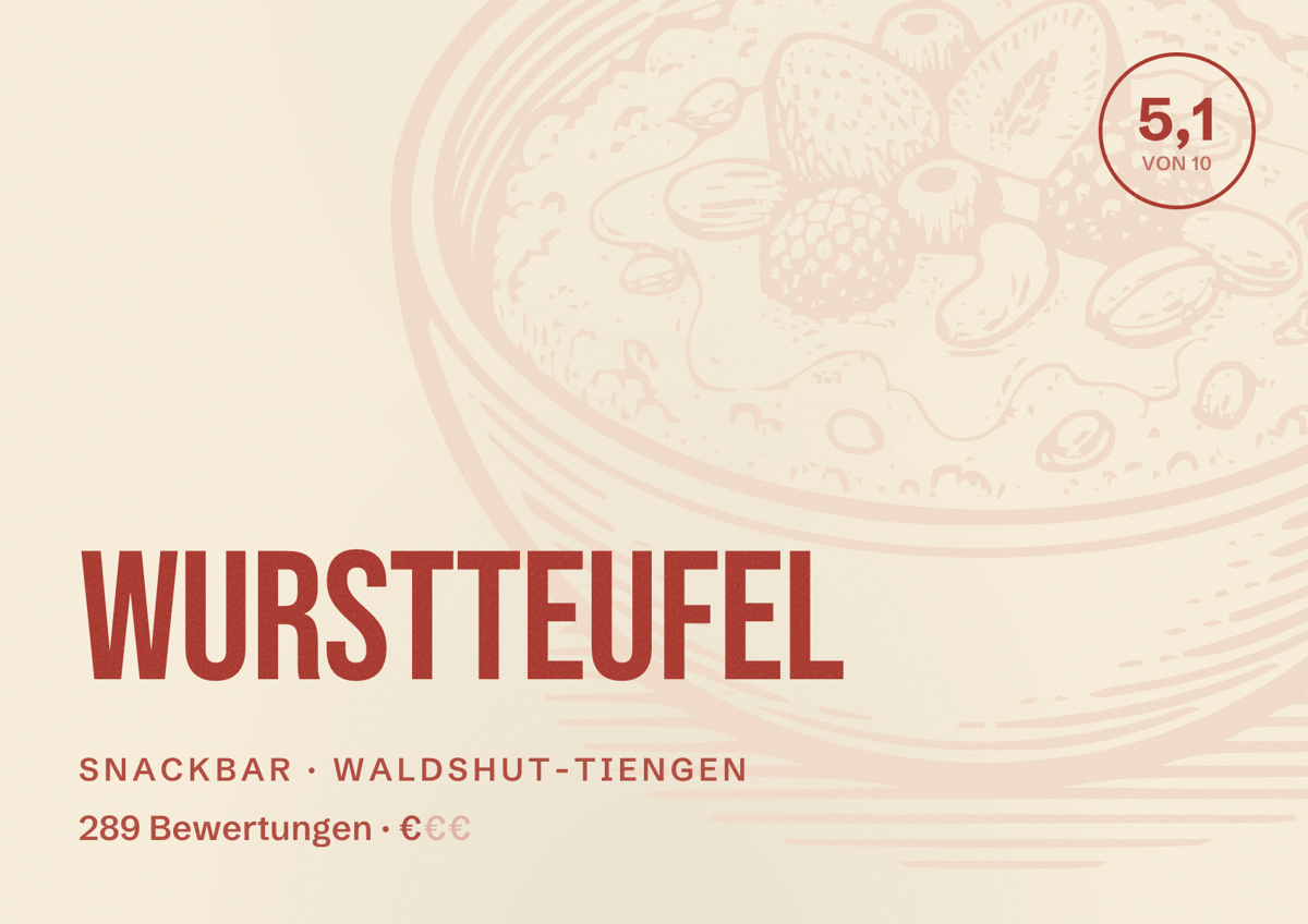 Illustriertes Poster von Wurstteufel, Snackbar in Waldshut-Tiengen: Bewertung 5,1 von 10 aus 289 Bewertungen, Preisniveau €