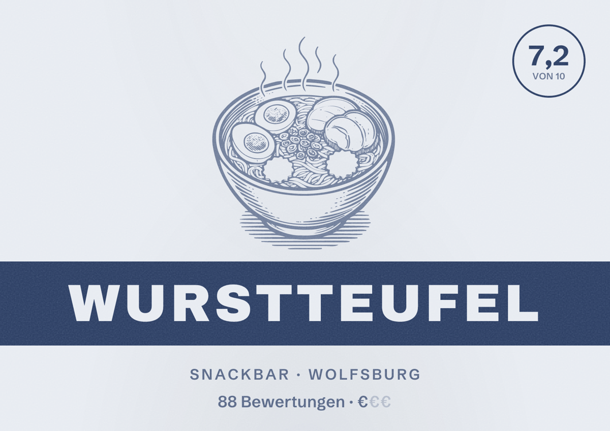 Illustriertes Poster von Wurstteufel, Snackbar in Wolfsburg: Bewertung 7,2 von 10 aus 88 Bewertungen, Preisniveau €