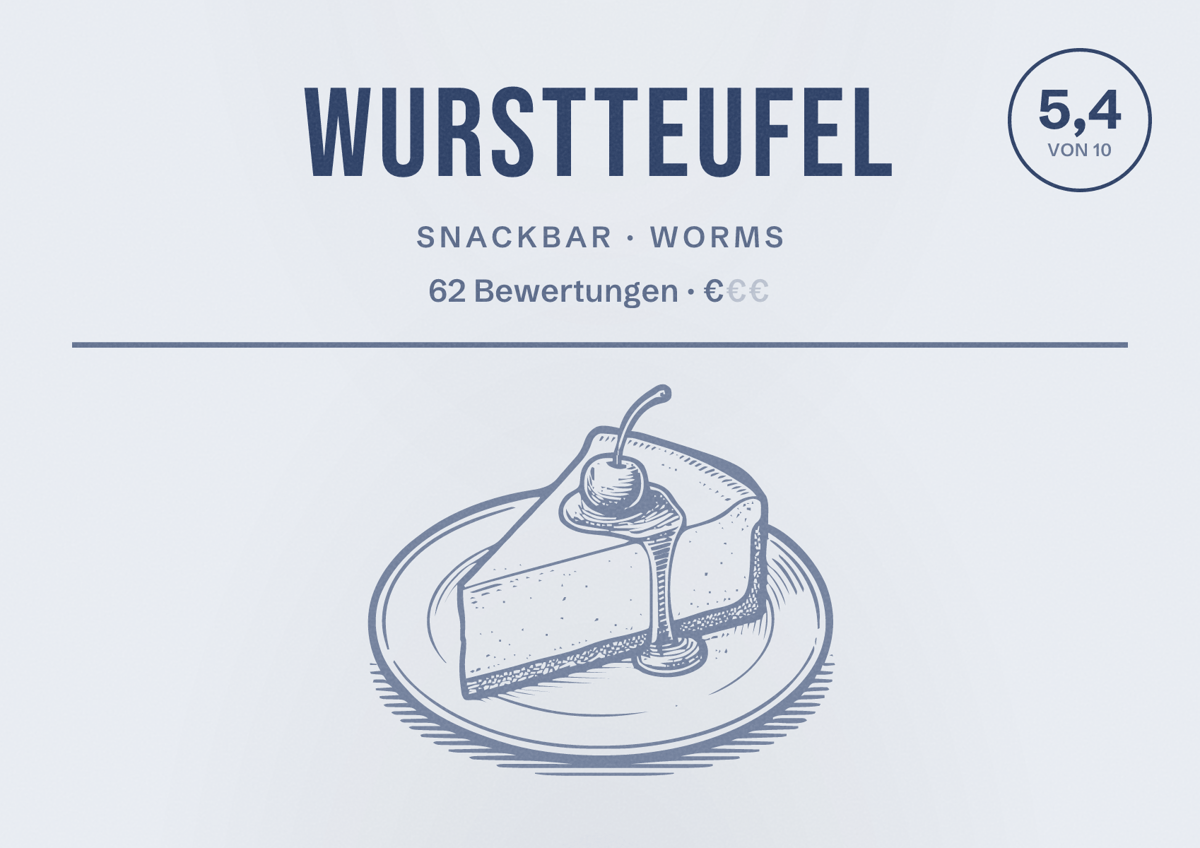 Illustriertes Poster von Wurstteufel, Snackbar in Worms: Bewertung 5,4 von 10 aus 62 Bewertungen, Preisniveau €