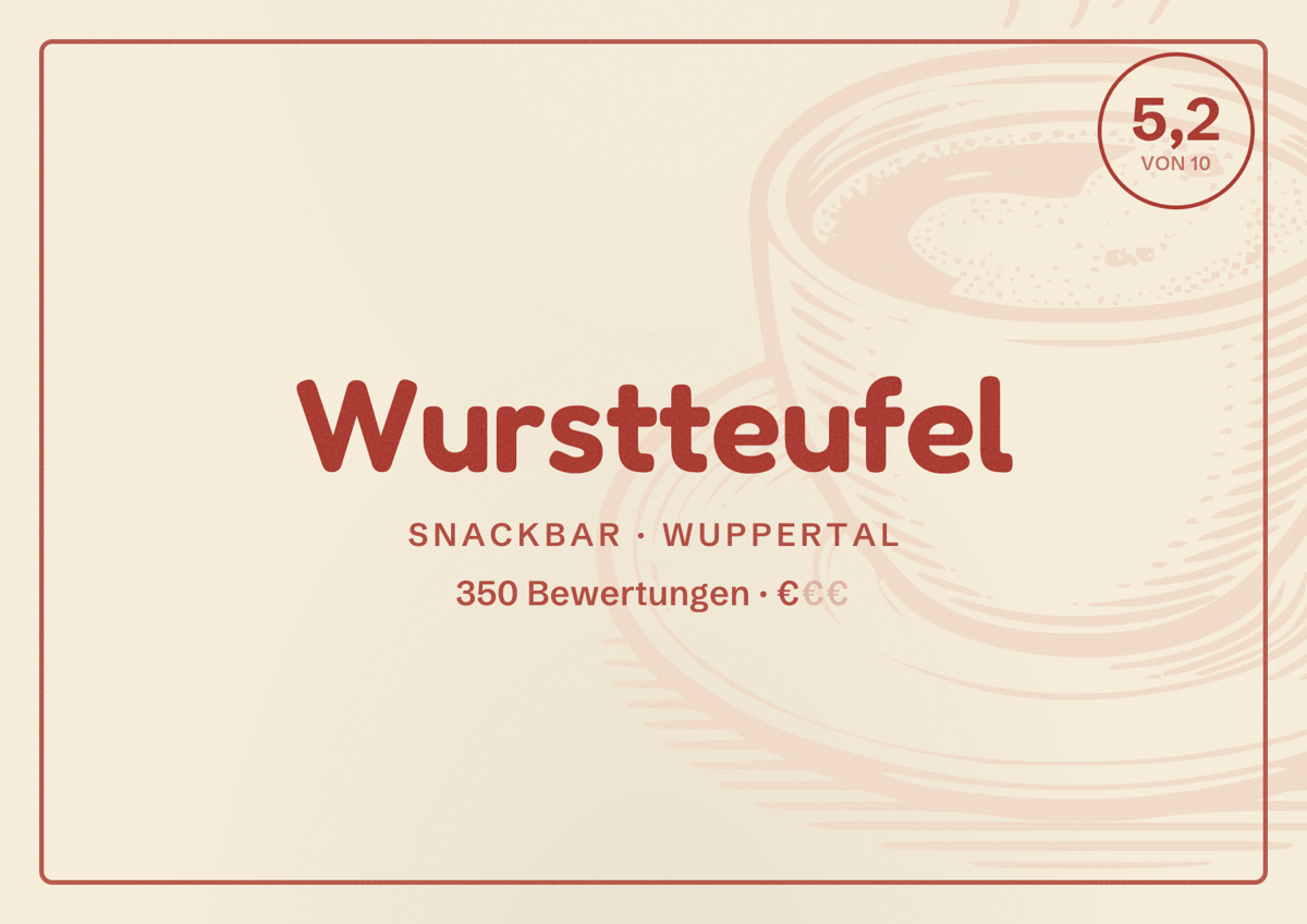 Illustriertes Poster von Wurstteufel, Snackbar in Wuppertal: Bewertung 5,2 von 10 aus 350 Bewertungen, Preisniveau €
