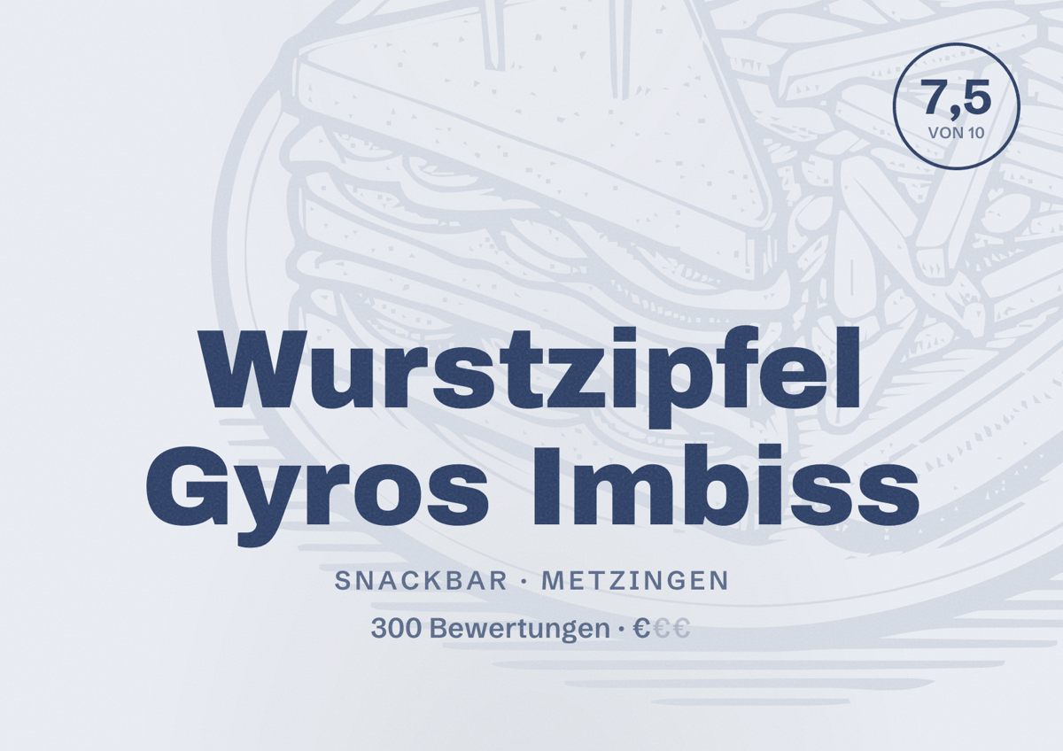 Illustriertes Poster von Wurstzipfel Gyros Imbiss, Snackbar in Metzingen: Bewertung 7,5 von 10 aus 300 Bewertungen, Preisniveau €