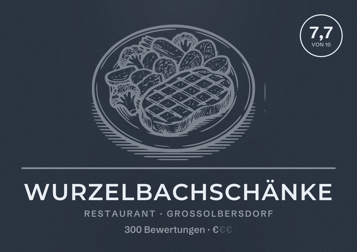 Illustriertes Poster von Wurzelbachschänke, Restaurant in Großolbersdorf: Bewertung 7,7 von 10 aus 300 Bewertungen, Preisniveau €
