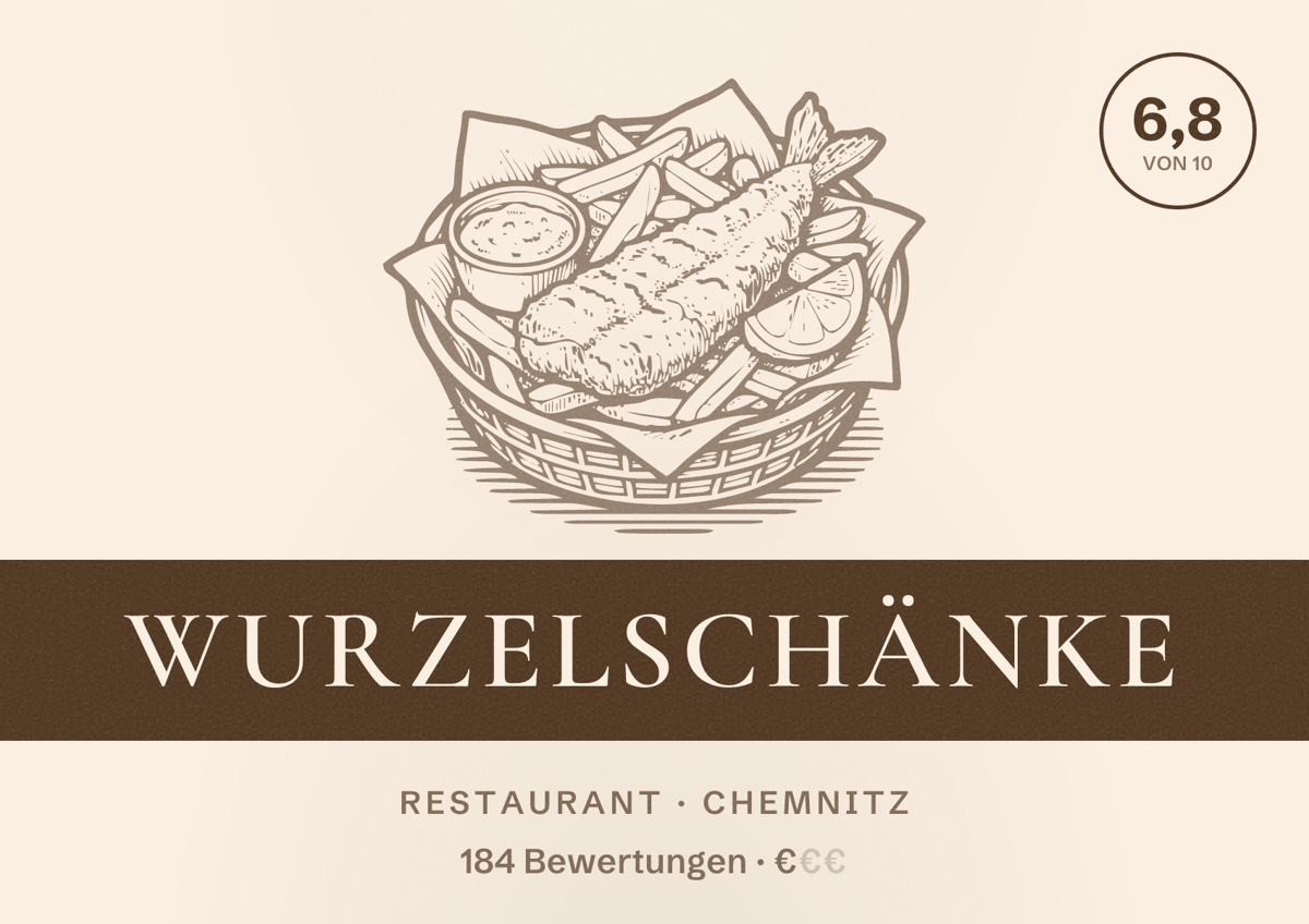 Illustriertes Poster von Wurzelschänke, Restaurant in Chemnitz: Bewertung 6,8 von 10 aus 184 Bewertungen, Preisniveau €