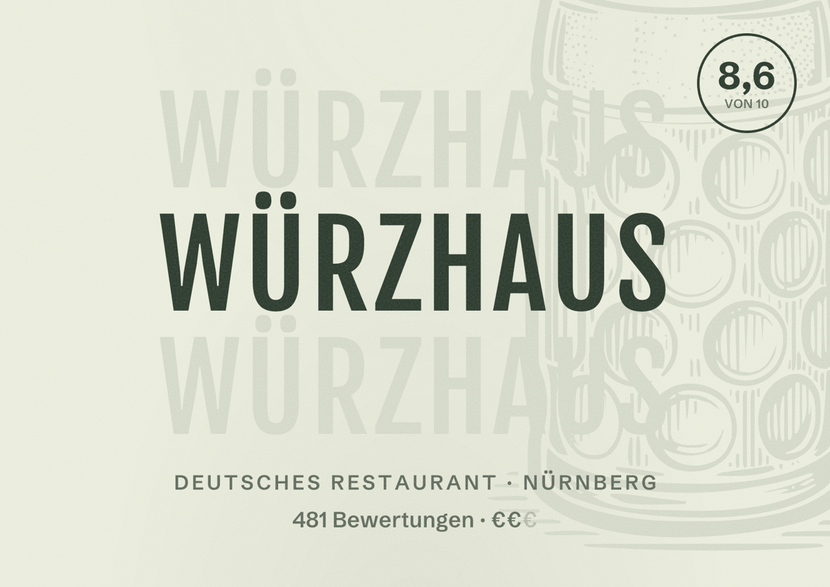 Illustriertes Poster von Würzhaus, Deutsches Restaurant in Nürnberg: Bewertung 8,6 von 10 aus 481 Bewertungen, Preisniveau €€