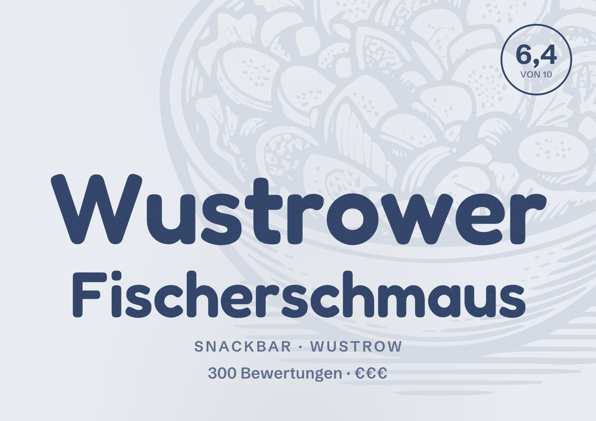 Illustriertes Poster von Wustrower Fischerschmaus, Snackbar in Wustrow: Bewertung 6,4 von 10 aus 300 Bewertungen, Preisniveau €€€