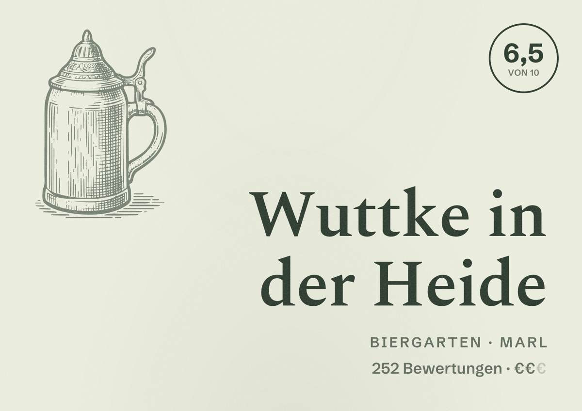 Illustriertes Poster von Wuttke in der Heide, Biergarten in Marl: Bewertung 6,5 von 10 aus 252 Bewertungen, Preisniveau €€