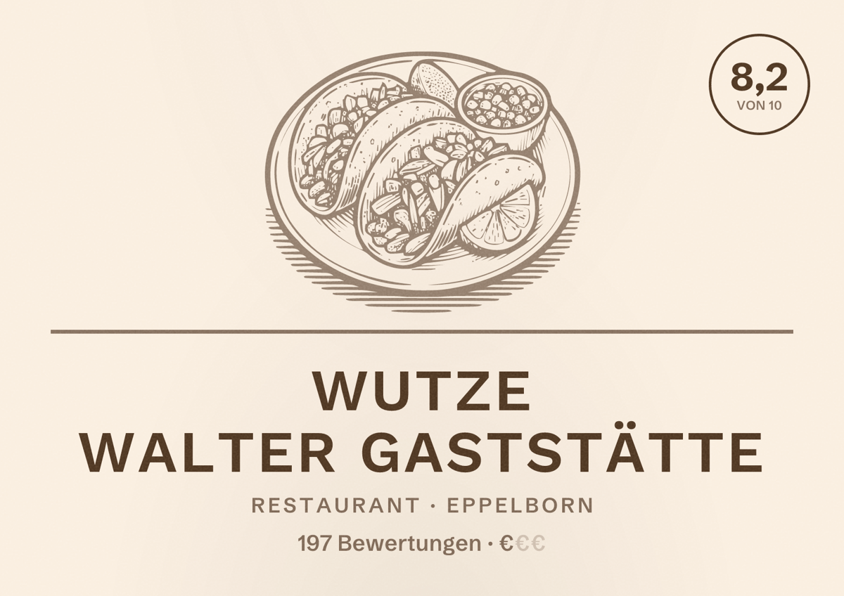 Illustriertes Poster von Wutze Walter Gaststätte, Restaurant in Eppelborn: Bewertung 8,2 von 10 aus 197 Bewertungen, Preisniveau €