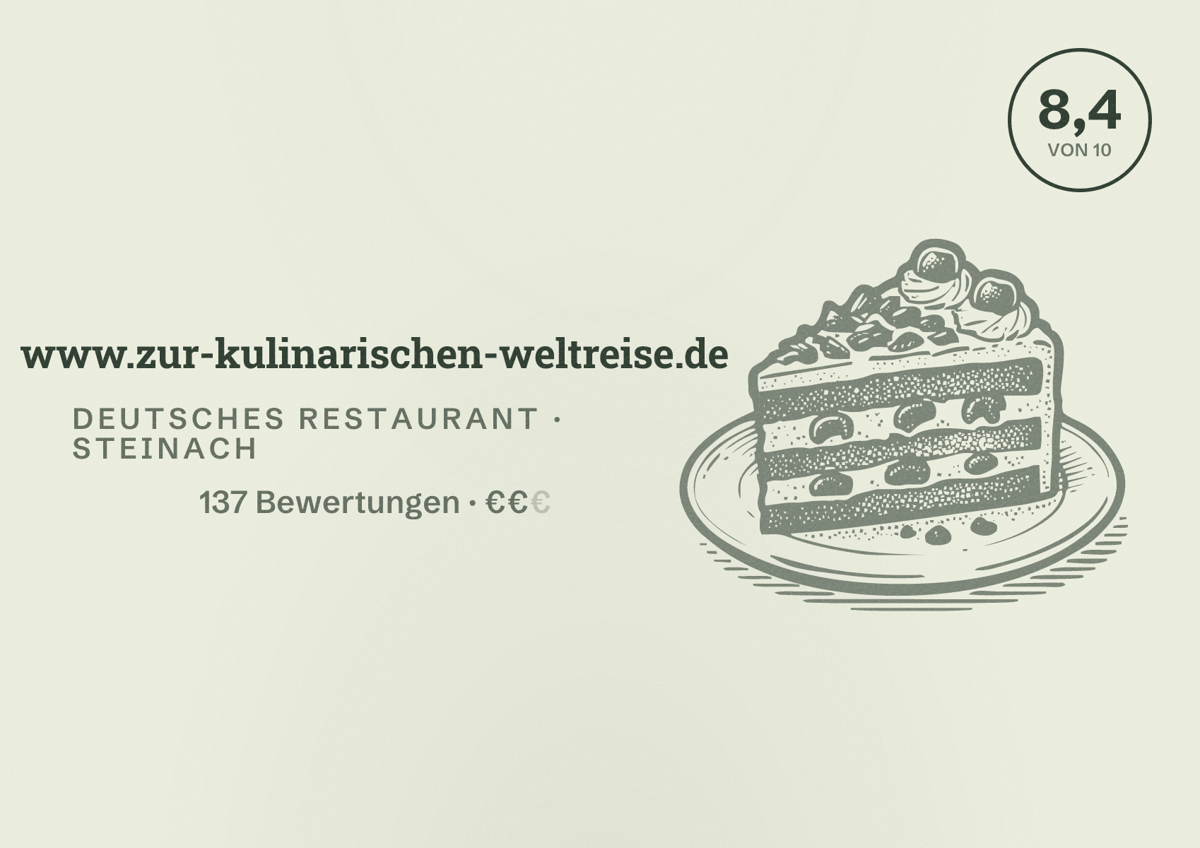 Illustriertes Poster von www.zur-kulinarischen-weltreise.de, Deutsches Restaurant in Steinach: Bewertung 8,4 von 10 aus 137 Bewertungen, Preisniveau €€