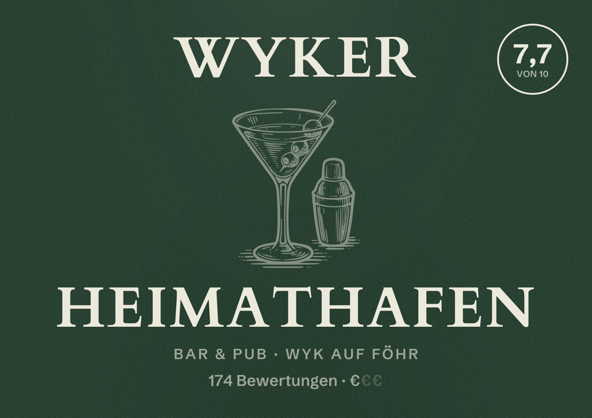Illustriertes Poster von Wyker Heimathafen, Bar & Pub in Wyk auf Föhr: Bewertung 7,7 von 10 aus 174 Bewertungen, Preisniveau €