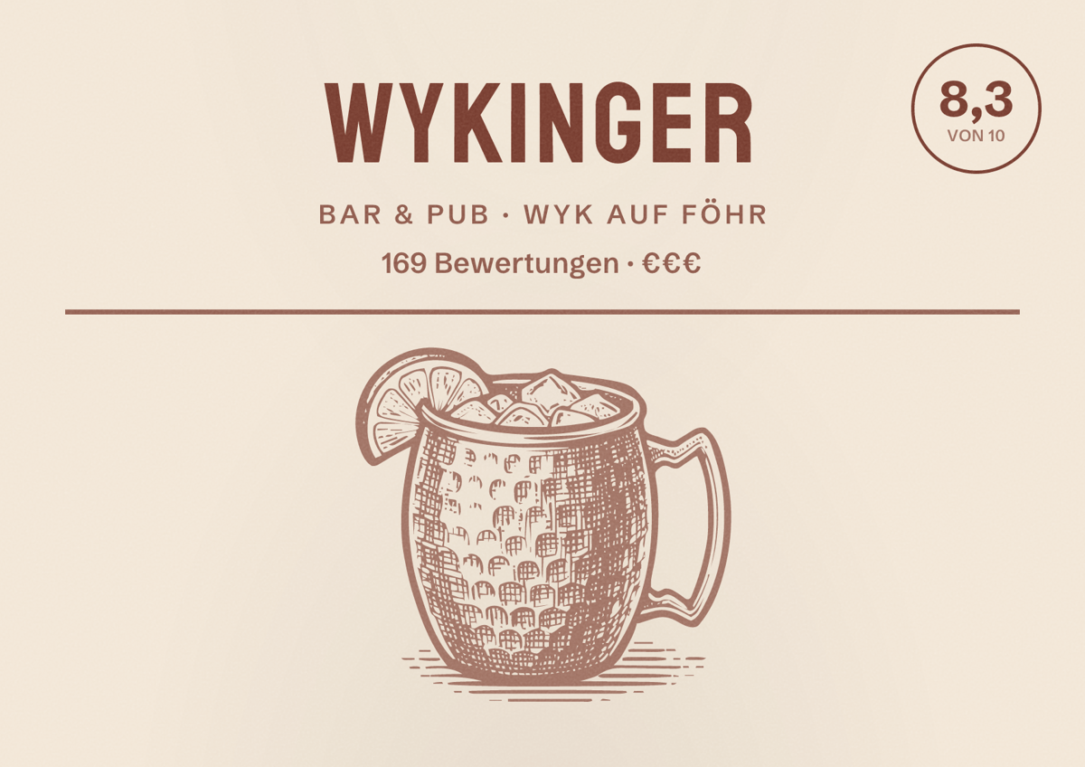 Illustriertes Poster von Wykinger, Bar & Pub in Wyk auf Föhr: Bewertung 8,3 von 10 aus 169 Bewertungen, Preisniveau €€€
