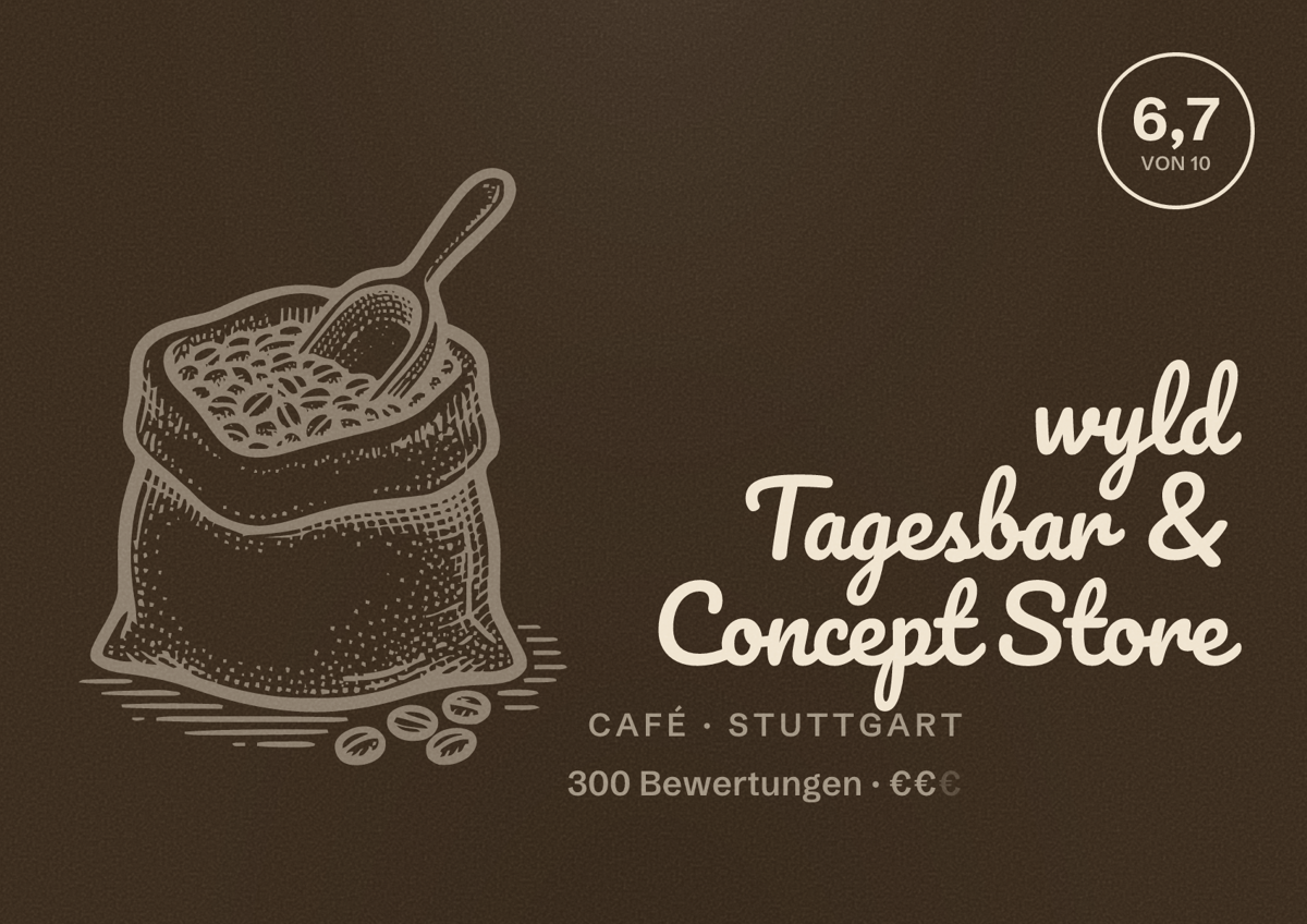 Illustriertes Poster von wyld Tagesbar & Concept Store, Café in Stuttgart: Bewertung 6,7 von 10 aus 300 Bewertungen, Preisniveau €€