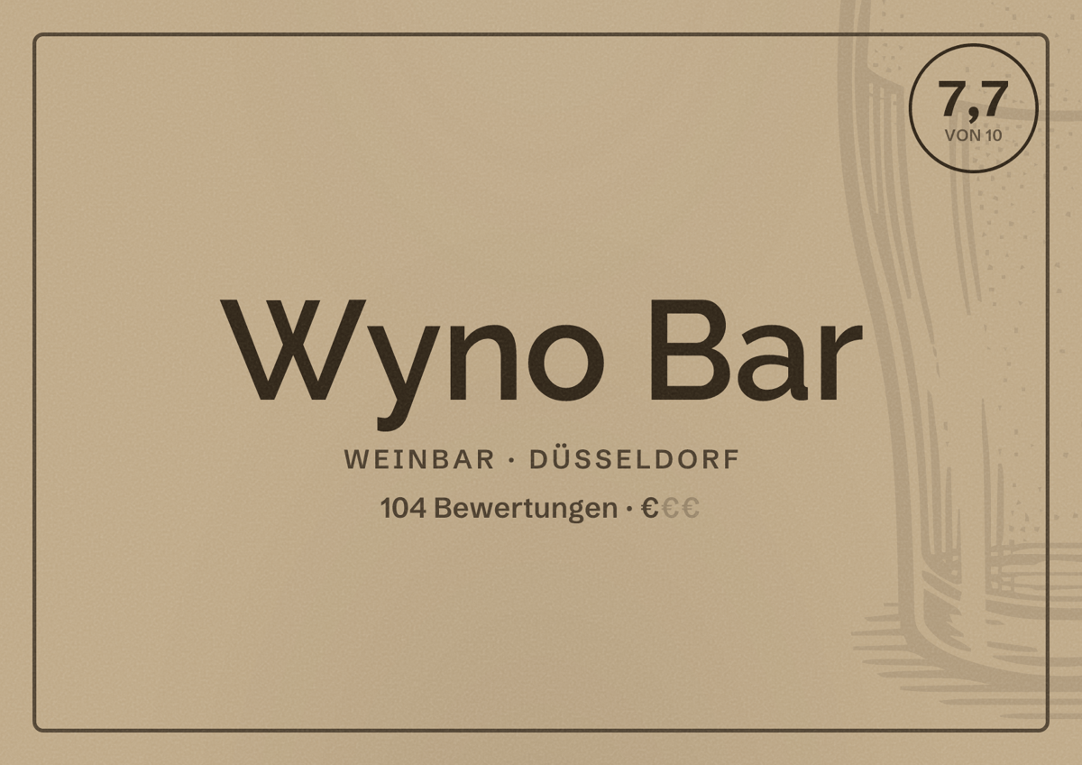 Illustriertes Poster von Wyno Bar, Weinbar in Düsseldorf: Bewertung 7,7 von 10 aus 104 Bewertungen, Preisniveau €