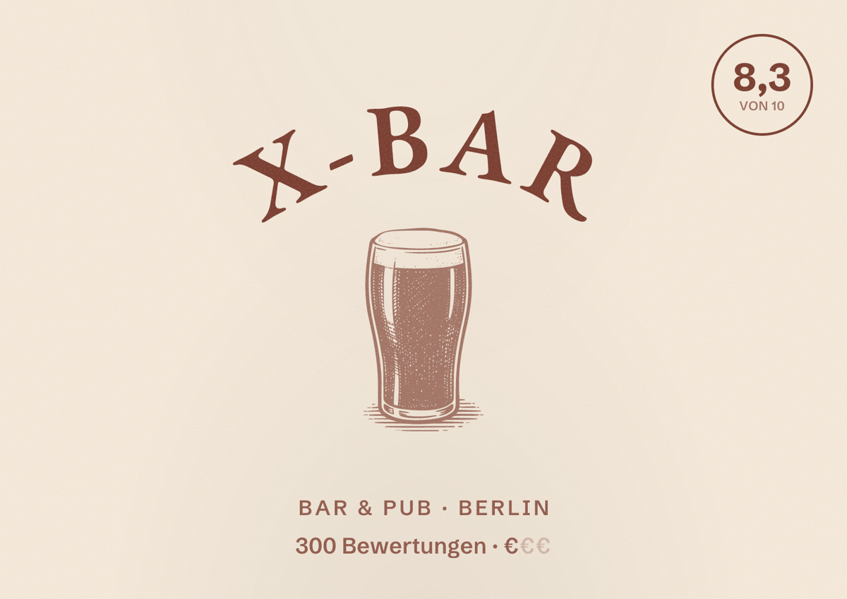 Illustriertes Poster von X-Bar, Bar & Pub in Berlin: Bewertung 8,3 von 10 aus 300 Bewertungen, Preisniveau €