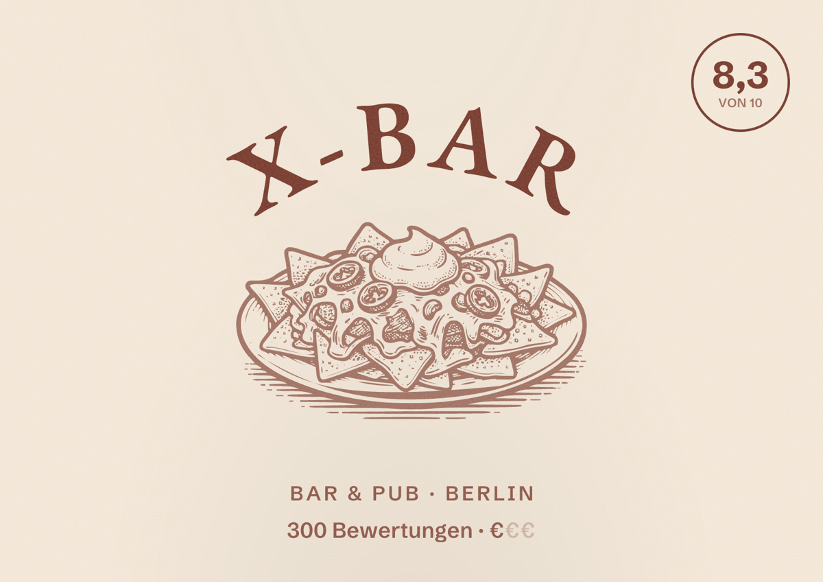 Illustriertes Poster von X-Bar, Bar & Pub in Berlin: Bewertung 8,3 von 10 aus 300 Bewertungen, Preisniveau €