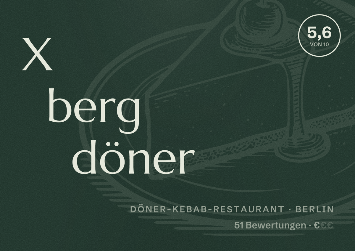 Illustriertes Poster von X berg döner, Döner-Kebab-Restaurant in Berlin: Bewertung 5,6 von 10 aus 51 Bewertungen, Preisniveau €