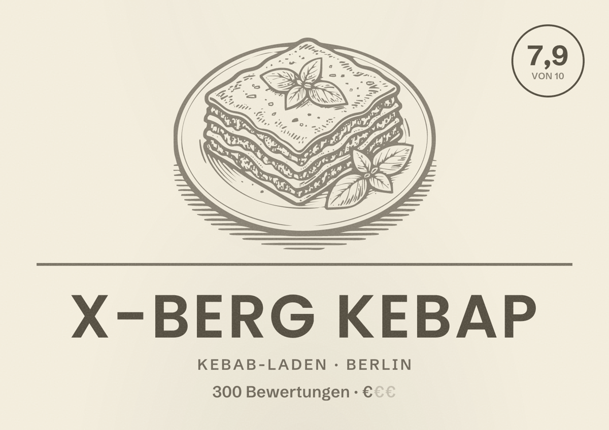 Illustriertes Poster von X-Berg Kebap, Kebab-Laden in Berlin: Bewertung 7,9 von 10 aus 300 Bewertungen, Preisniveau €