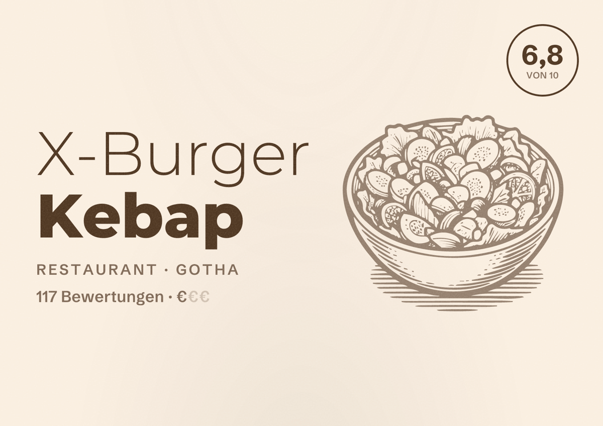 Illustriertes Poster von X-Burger Kebap, Restaurant in Gotha: Bewertung 6,8 von 10 aus 117 Bewertungen, Preisniveau €