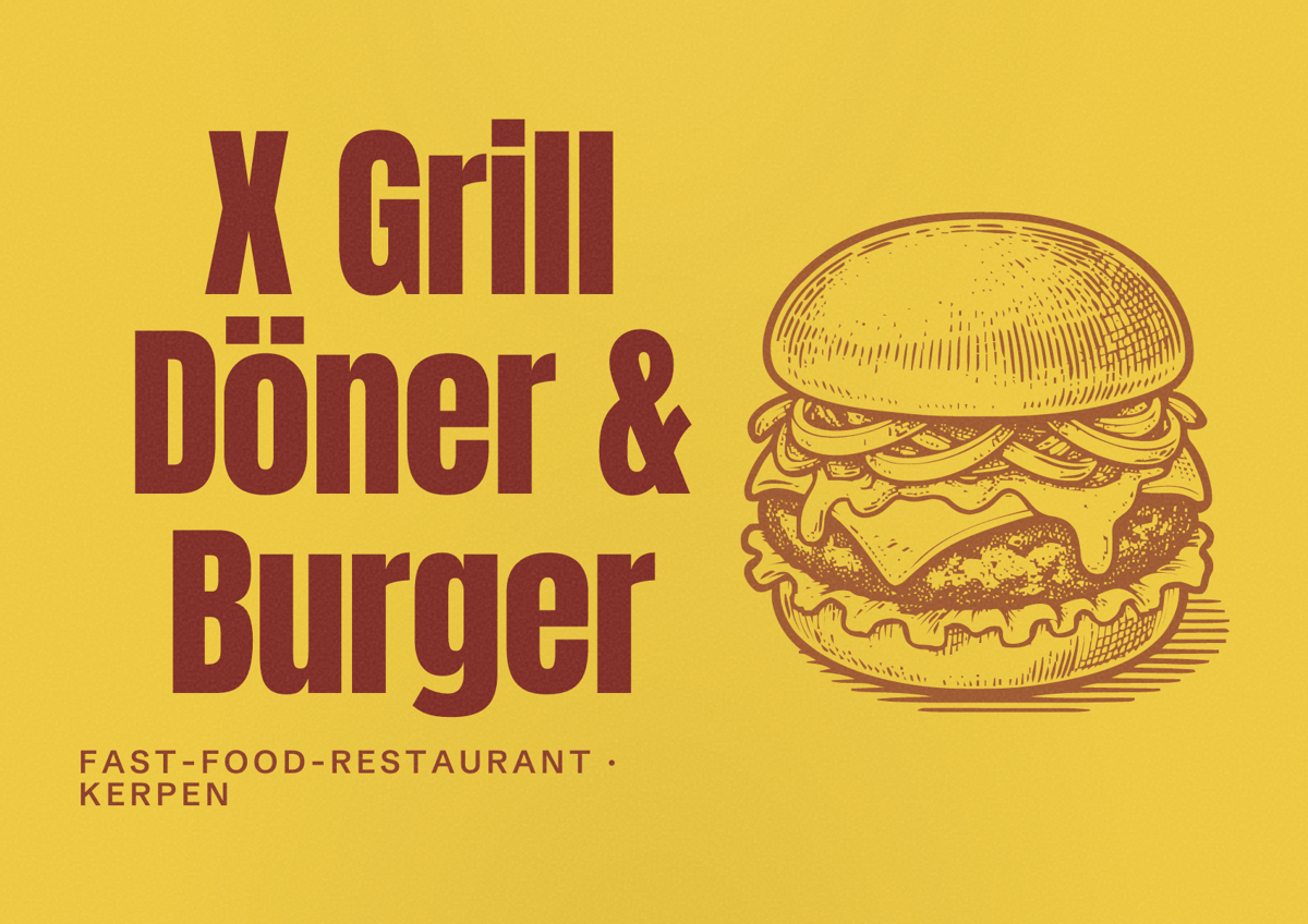Illustriertes Poster von X Grill Döner & Burger, Fast-Food-Restaurant in Kerpen