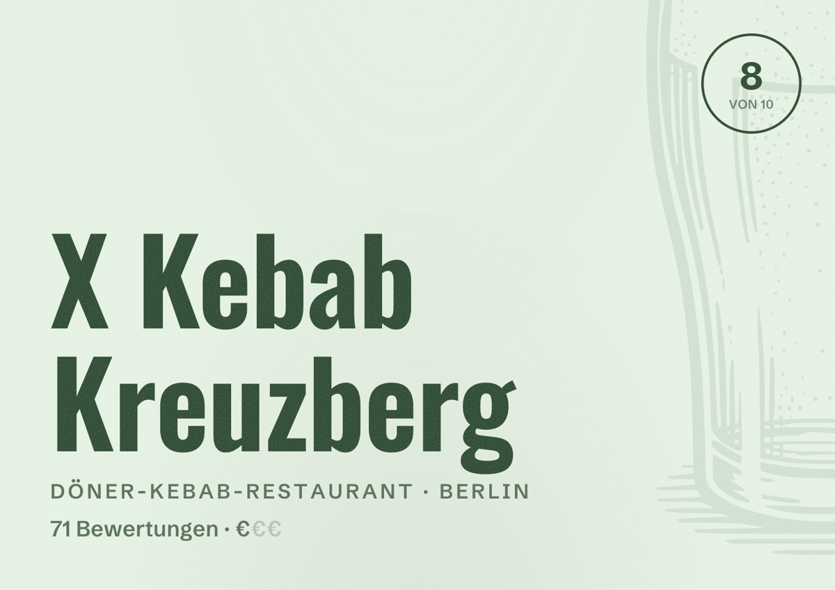 Illustriertes Poster von X Kebab Kreuzberg, Döner-Kebab-Restaurant in Berlin: Bewertung 8,0 von 10 aus 71 Bewertungen, Preisniveau €