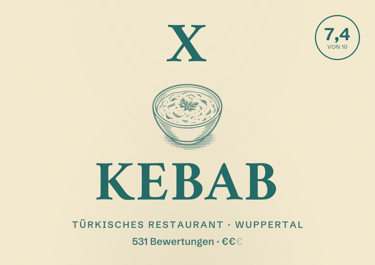 Illustriertes Poster von X KEBAB, Türkisches Restaurant in Wuppertal: Bewertung 7,4 von 10 aus 531 Bewertungen, Preisniveau €€