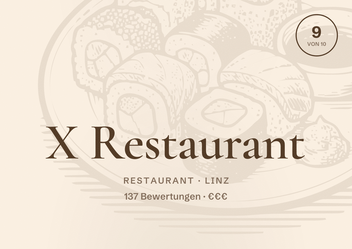 Illustriertes Poster von X Restaurant, Restaurant in Linz: Bewertung 9 von 10 aus 137 Bewertungen, Preisniveau €€€