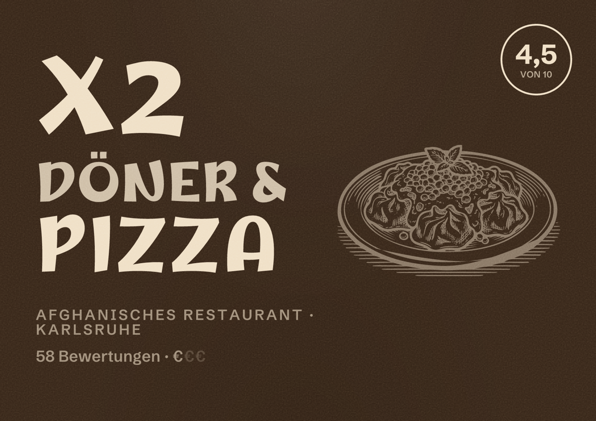 Illustriertes Poster von X2 Döner & Pizza, Afghanisches Restaurant in Karlsruhe: Bewertung 4,5 von 10 aus 58 Bewertungen, Preisniveau €