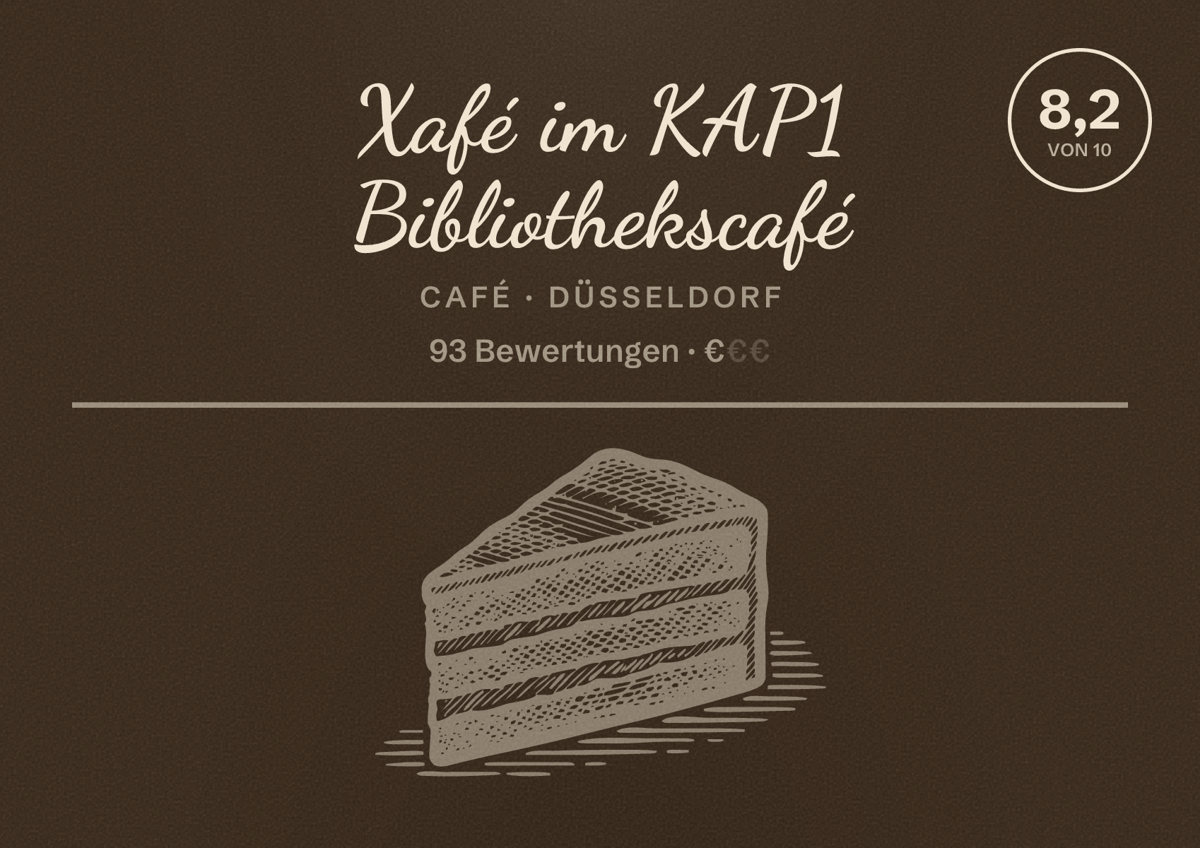 Illustriertes Poster von Xafé im KAP1 Bibliothekscafé, Café in Düsseldorf: Bewertung 8,2 von 10 aus 93 Bewertungen, Preisniveau €