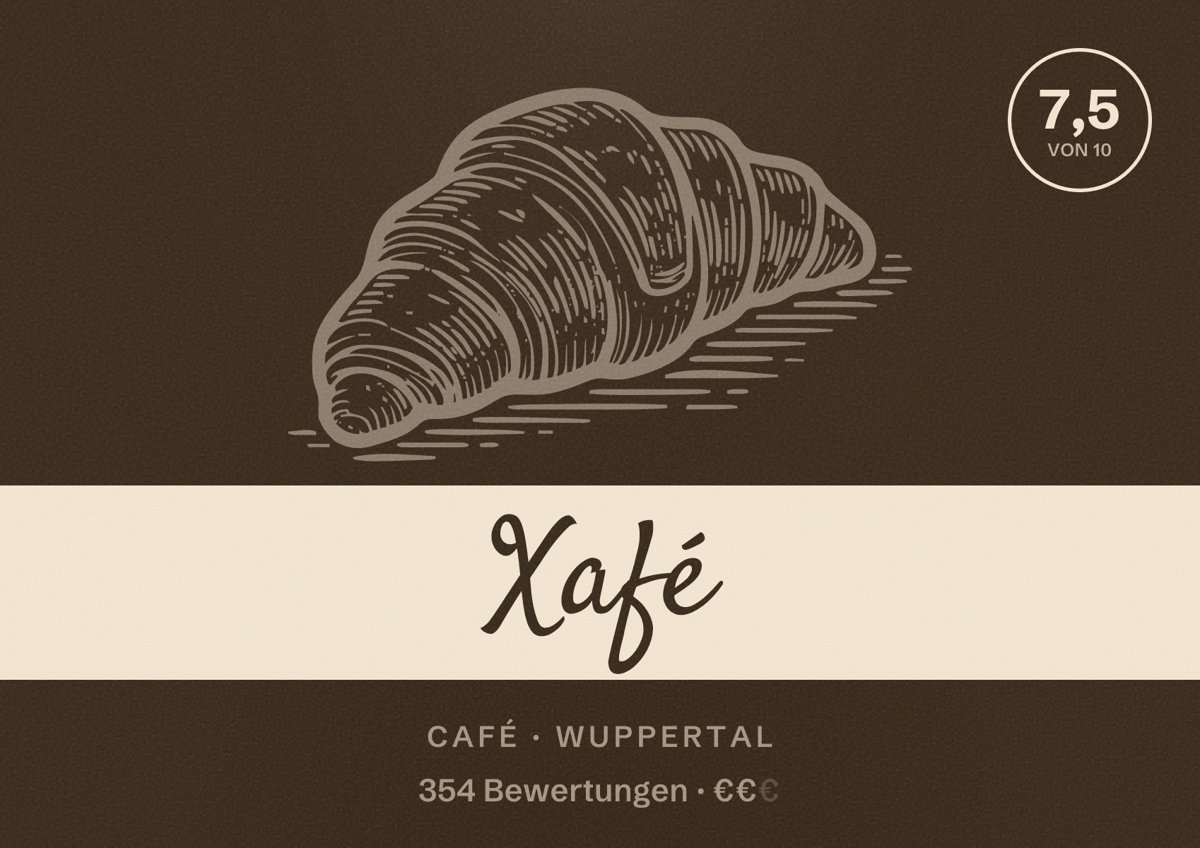 Illustriertes Poster von Xafé, Café in Wuppertal: Bewertung 7,5 von 10 aus 354 Bewertungen, Preisniveau €€