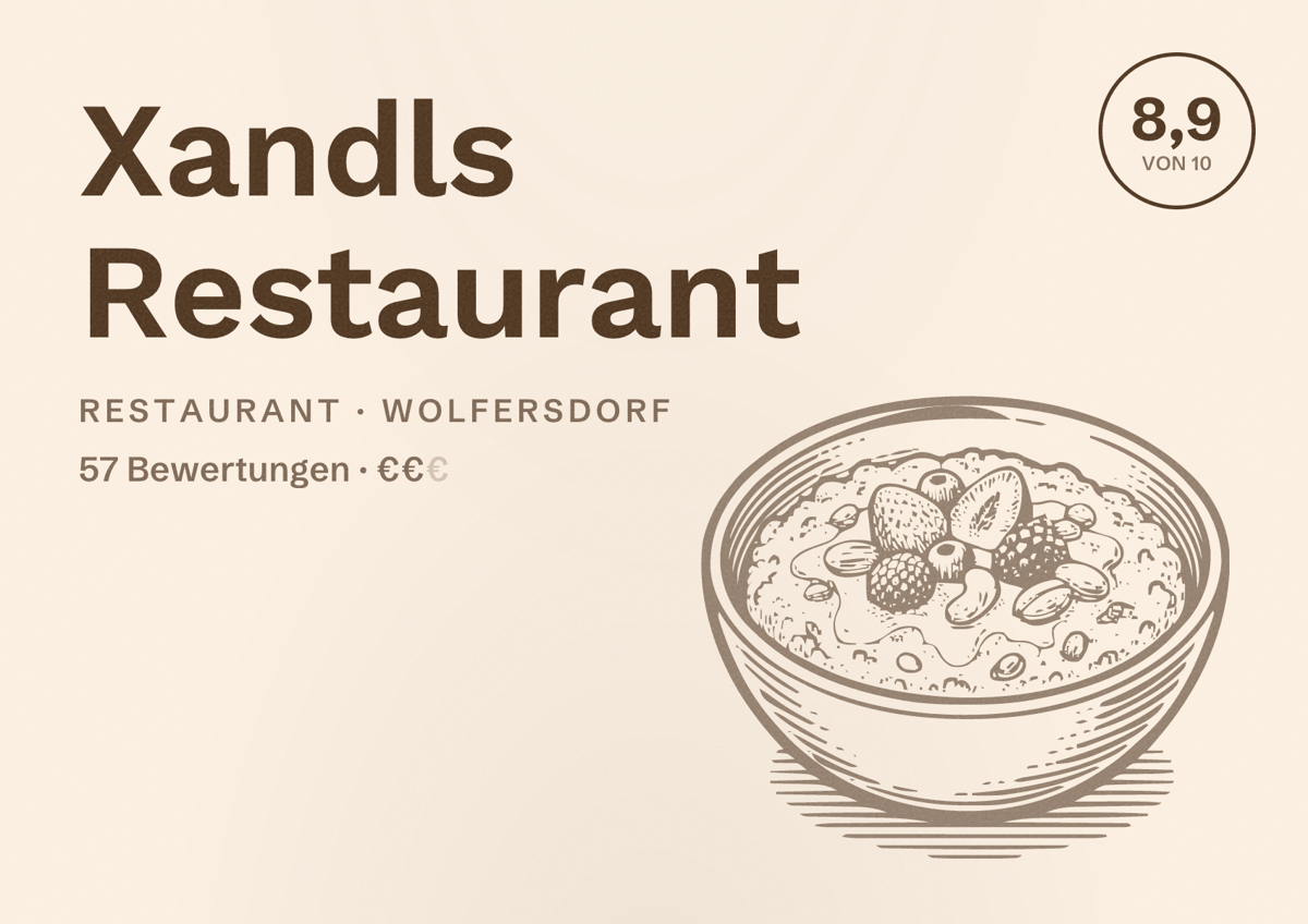 Illustriertes Poster von Xandls Restaurant, Restaurant in Wolfersdorf: Bewertung 8,9 von 10 aus 57 Bewertungen, Preisniveau €€
