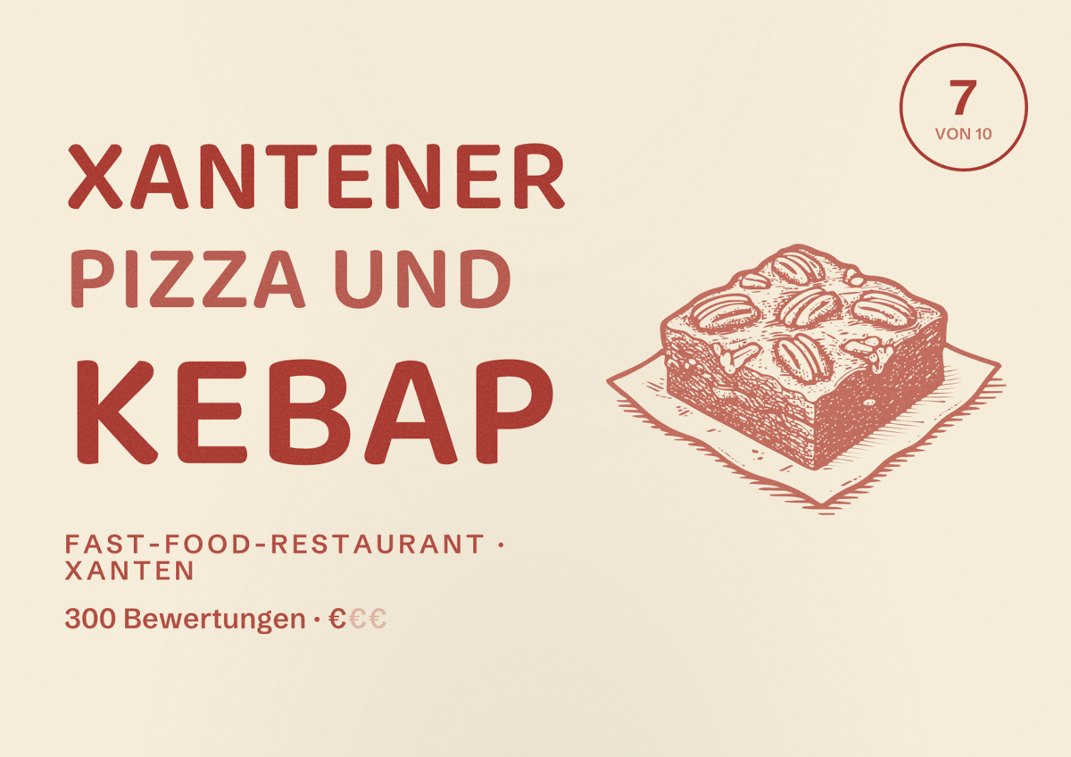 Illustriertes Poster von Xantener Pizza und Kebap, Fast-Food-Restaurant in Xanten: Bewertung 7 von 10 aus 300 Bewertungen, Preisniveau €