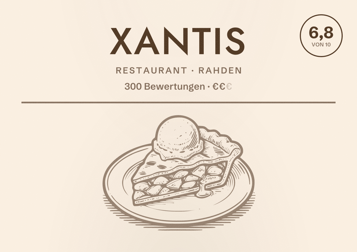 Illustriertes Poster von Xantis, Restaurant in Rahden: Bewertung 6,8 von 10 aus 300 Bewertungen, Preisniveau €€