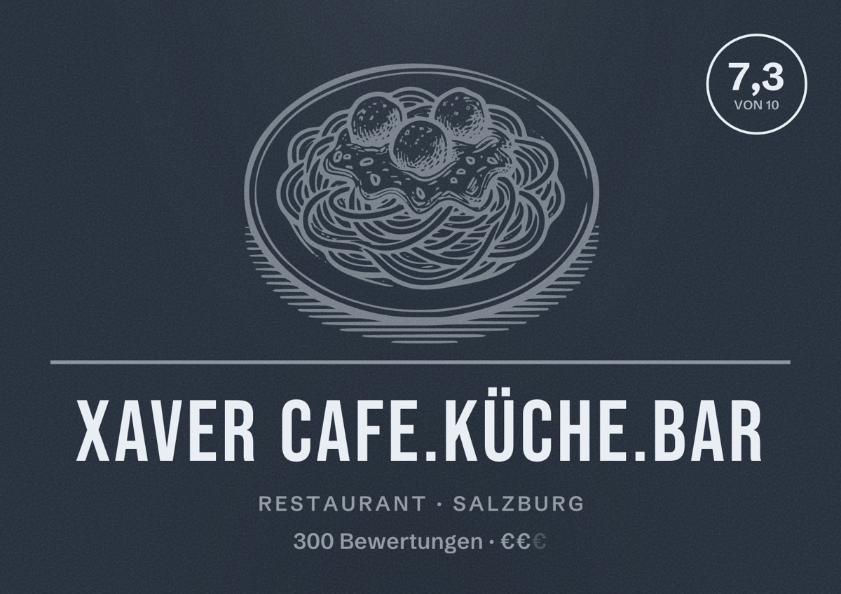 Illustriertes Poster von XAVER cafe.küche.bar, Restaurant in Salzburg: Bewertung 7,3 von 10 aus 300 Bewertungen, Preisniveau €€