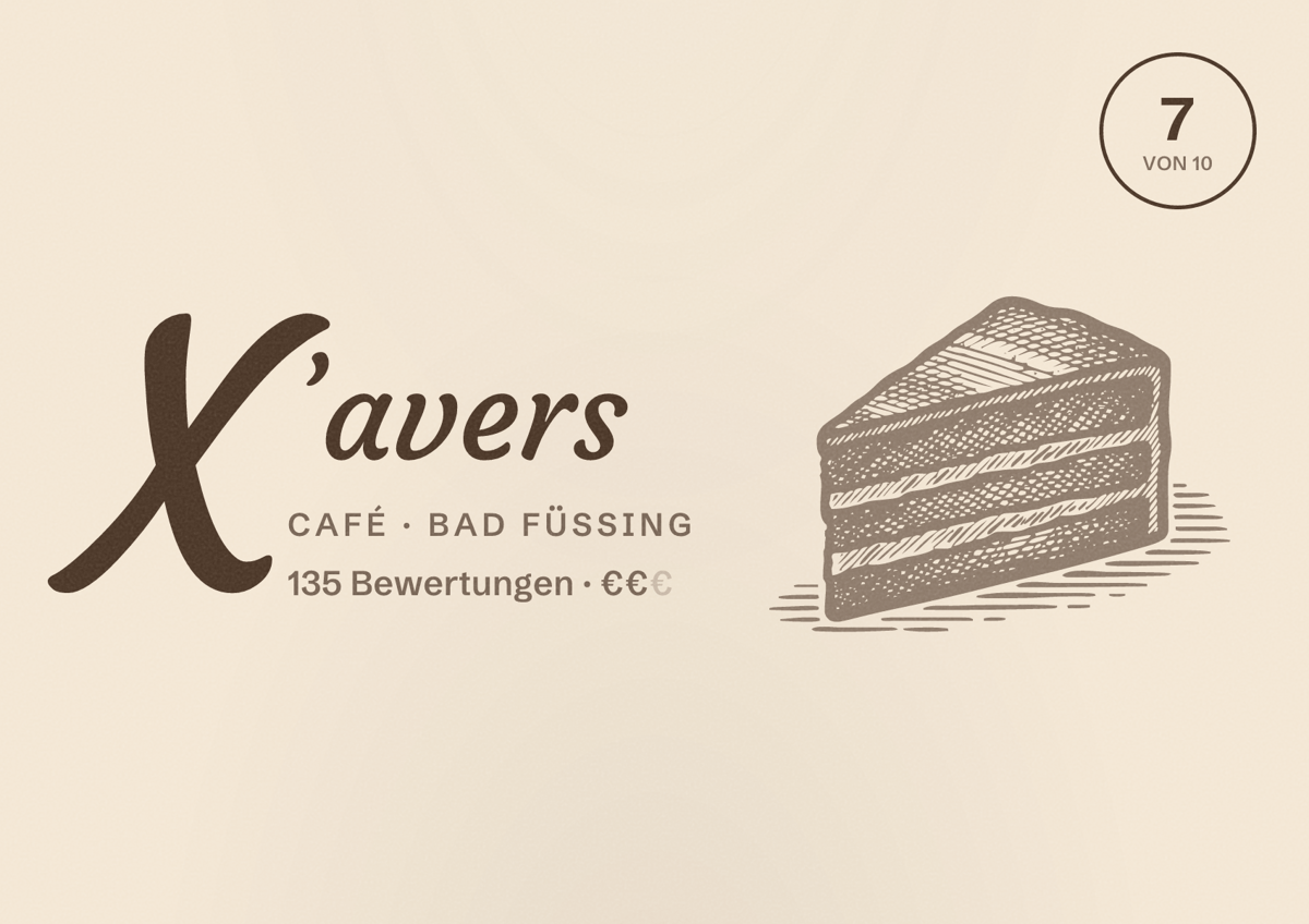 Illustriertes Poster von X’avers, Café in Bad Füssing: Bewertung 7 von 10 aus 135 Bewertungen, Preisniveau €€