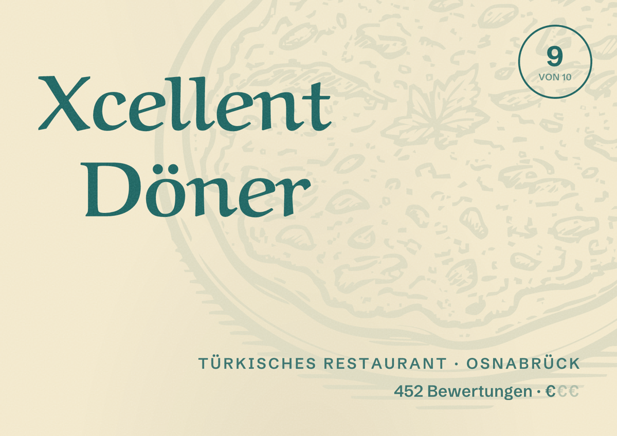 Illustriertes Poster von Xcellent Döner, Türkisches Restaurant in Osnabrück: Bewertung 9 von 10 aus 452 Bewertungen, Preisniveau €