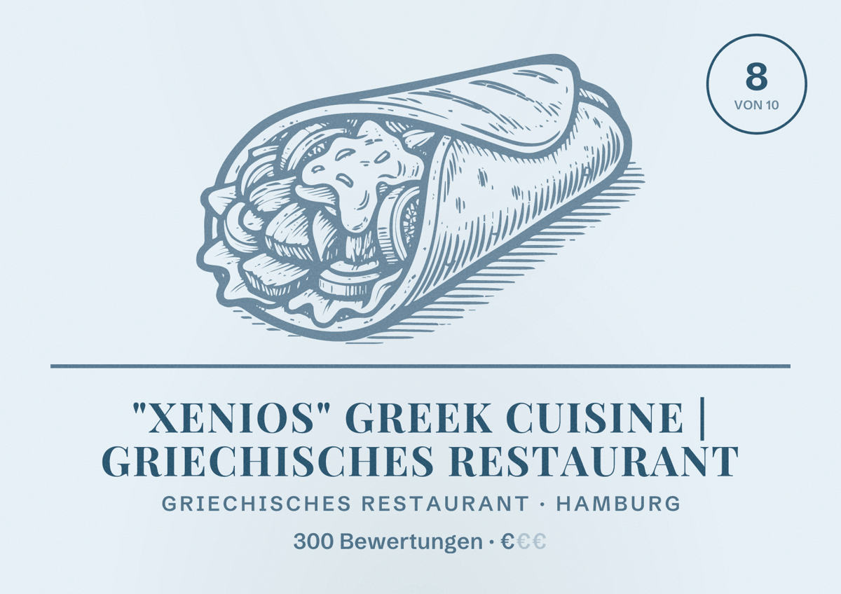 Illustriertes Poster von "Xenios" Greek Cuisine | Griechisches Restaurant, Griechisches Restaurant in Hamburg: Bewertung 8,0 von 10 aus 300 Bewertungen, Preisniveau €