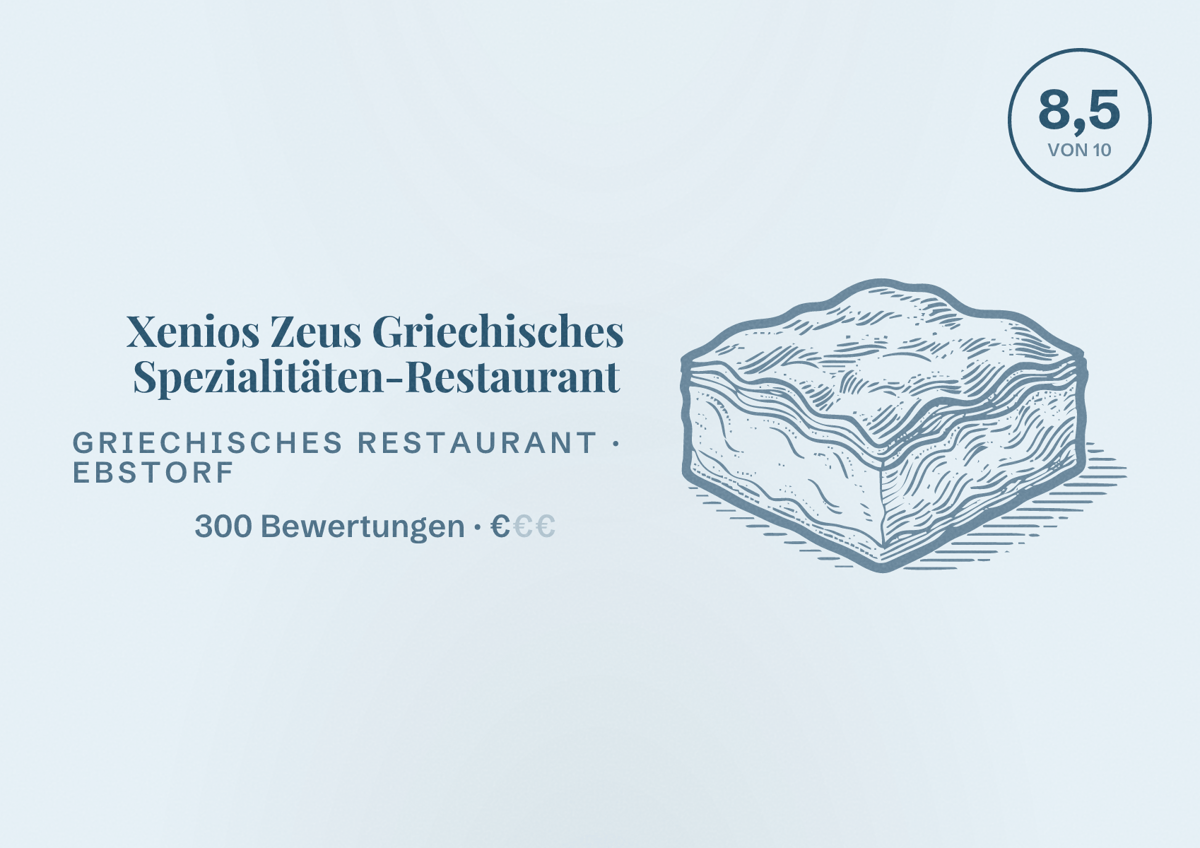 Illustriertes Poster von Xenios Zeus Griechisches Spezialitäten-Restaurant, Griechisches Restaurant in Ebstorf: Bewertung 8,5 von 10 aus 300 Bewertungen, Preisniveau €