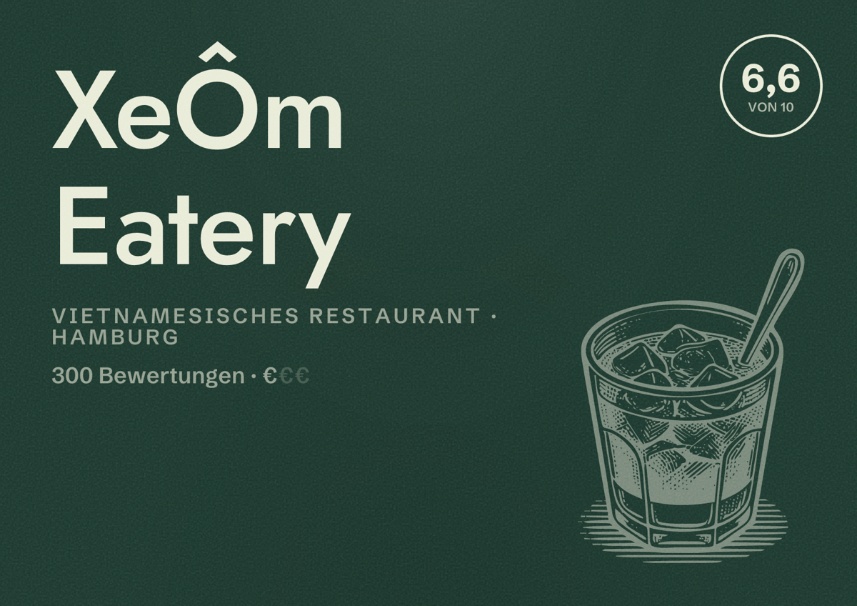 Illustriertes Poster von XeÔm Eatery, Vietnamesisches Restaurant in Hamburg: Bewertung 6,6 von 10 aus 300 Bewertungen, Preisniveau €
