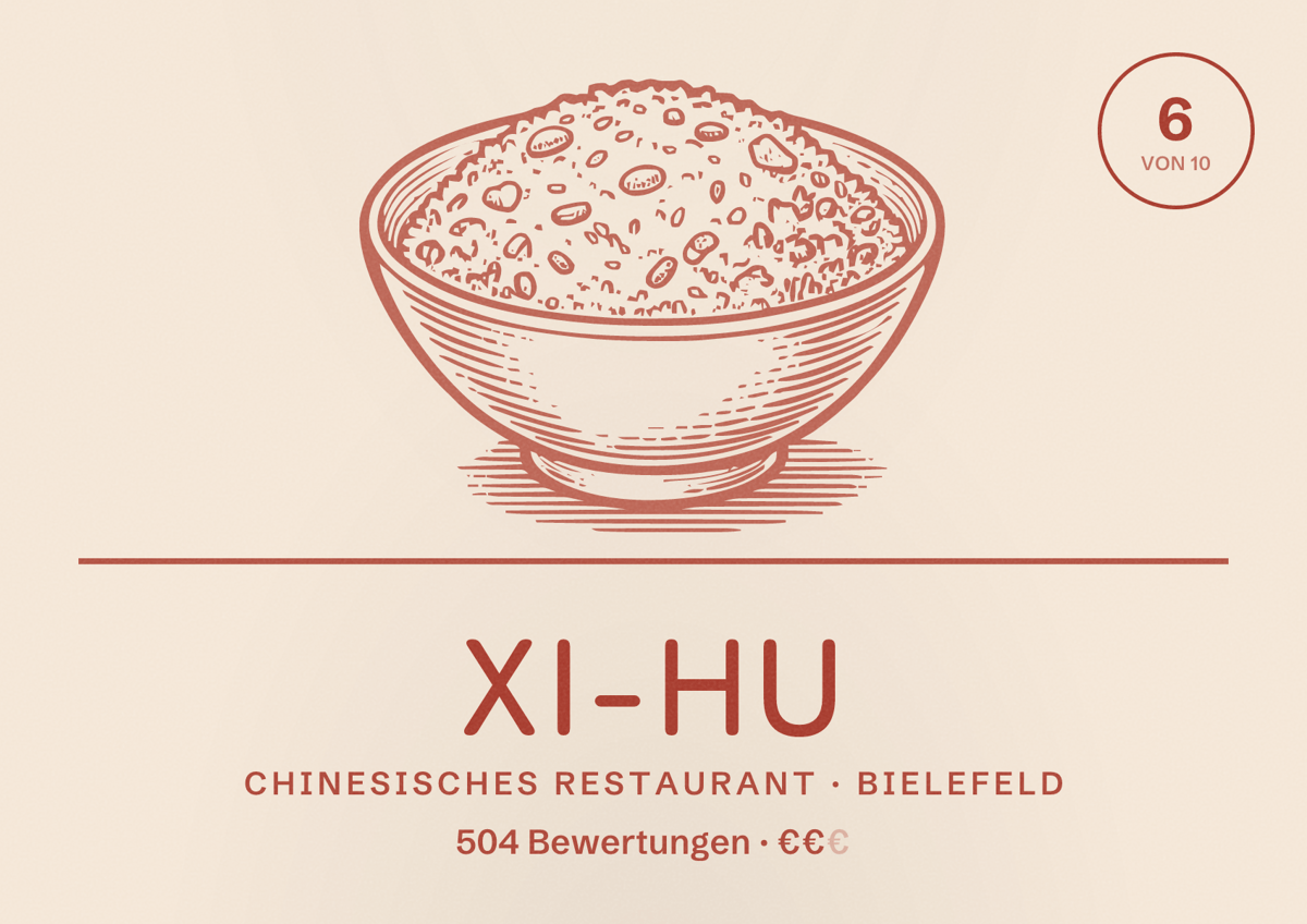 Illustriertes Poster von XI-HU, Chinesisches Restaurant in Bielefeld: Bewertung 6 von 10 aus 504 Bewertungen, Preisniveau €€