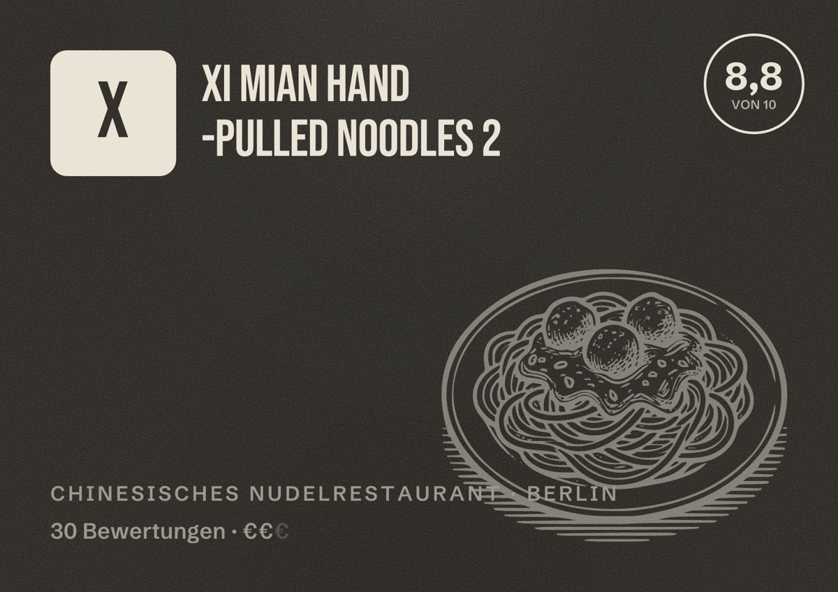 Illustriertes Poster von Xi Mian Hand -pulled Noodles 2, Chinesisches Nudelrestaurant in Berlin: Bewertung 8,8 von 10 aus 30 Bewertungen, Preisniveau €€