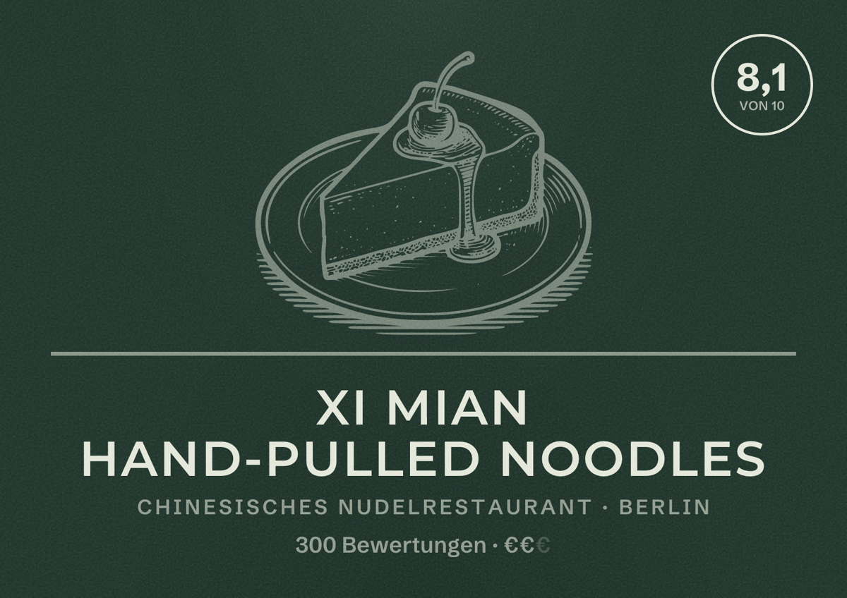Illustriertes Poster von Xi Mian Hand-Pulled Noodles, Chinesisches Nudelrestaurant in Berlin: Bewertung 8,1 von 10 aus 300 Bewertungen, Preisniveau €€