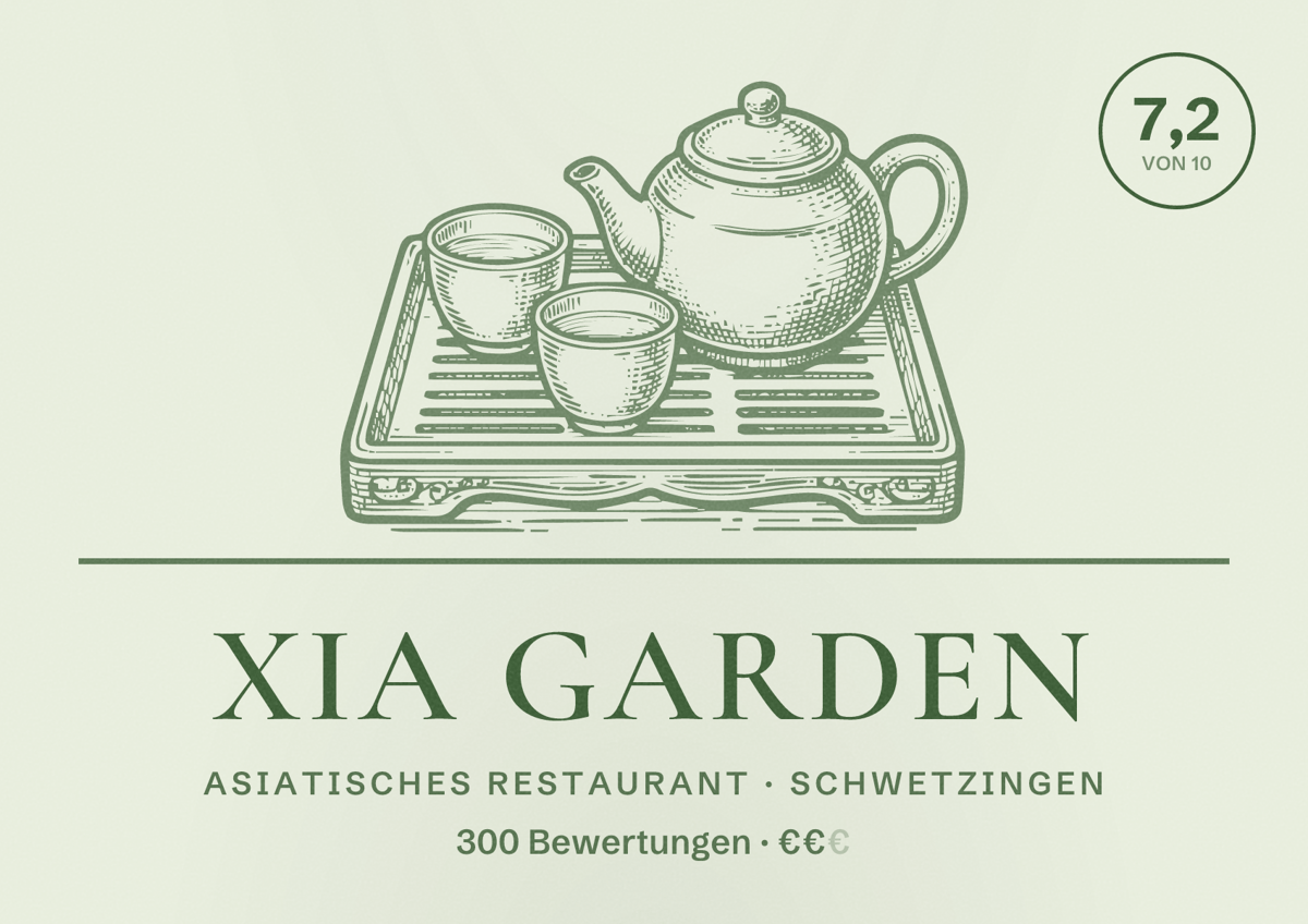 Illustriertes Poster von Xia Garden, Asiatisches Restaurant in Schwetzingen: Bewertung 7,2 von 10 aus 300 Bewertungen, Preisniveau €€