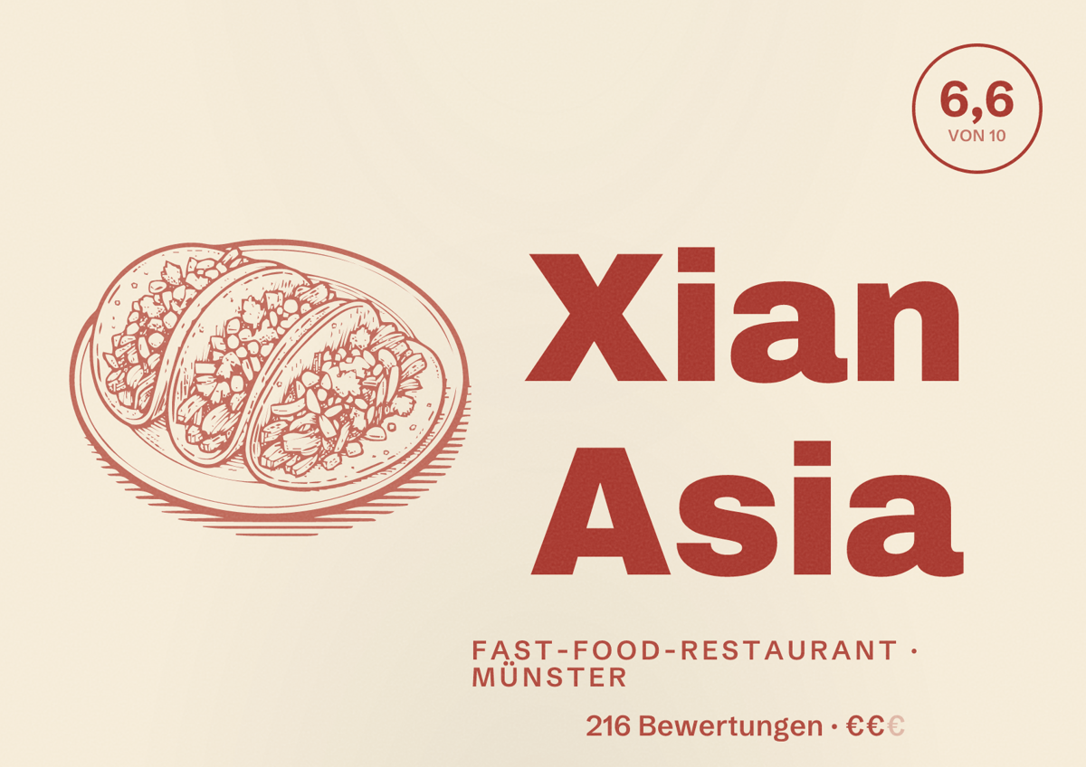 Illustriertes Poster von Xian Asia, Fast-Food-Restaurant in Münster: Bewertung 6,6 von 10 aus 216 Bewertungen, Preisniveau €€