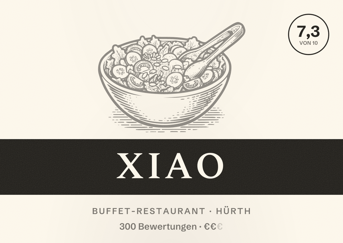 Illustriertes Poster von XIAO, Buffet-Restaurant in Hürth: Bewertung 7,3 von 10 aus 300 Bewertungen, Preisniveau €€