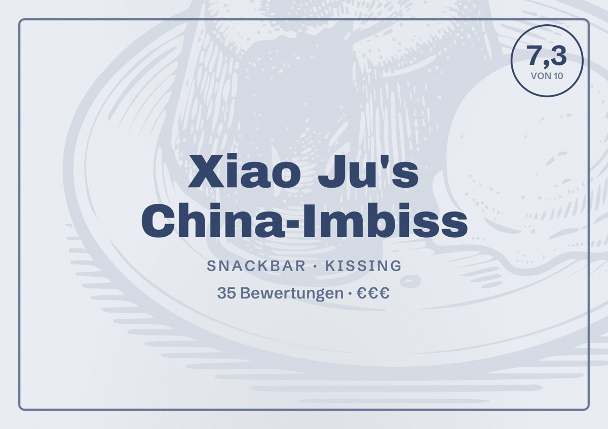 Illustriertes Poster von Xiao Ju's China-Imbiss, Snackbar in Kissing: Bewertung 7,3 von 10 aus 35 Bewertungen, Preisniveau €€€